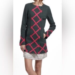 Anthropologie Elevenses Tamarisk Lattice Pea Coat Green and Pink Detail